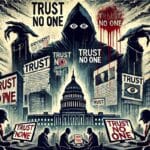 Illustration of a shadowy figure surrounded by signs reading 'Trust No One' and imagery depicting media manipulation and disinformation.