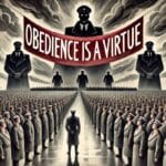 Surreal illustration of a totalitarian leader towering over rows of uniformed followers, with a banner reading 'Obedience is a Virtue.