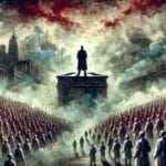 Illustration depicting an authoritarian figure standing on a platform above a vast crowd amidst dark, stormy clouds and an ominous red sky.