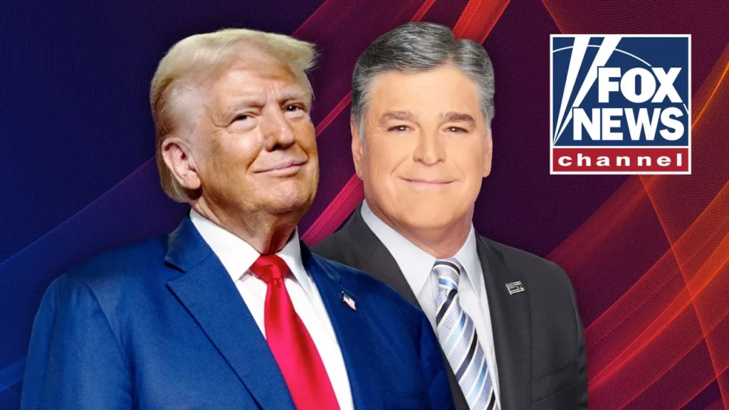 Donald Trump and Fox News Commentator Sean Hannity standing together with the Fox News logo in the background, portraying Trump's close relationship with billionaire-owned media.