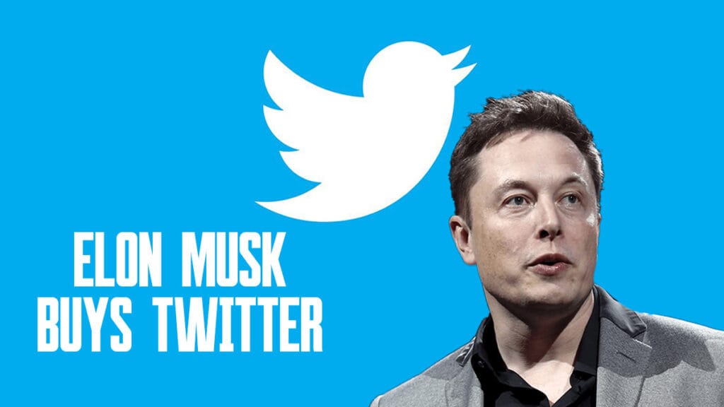 Elon Musk in front of a Twitter logo with the text "Elon Musk Buys Twitter" in bold white letters.