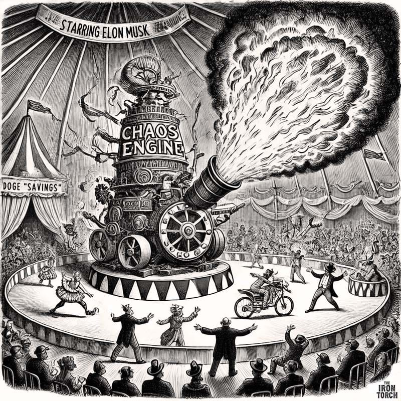 A chaotic circus scene featuring a massive "Chaos Engine" spewing fire, with a banners read "Starring Elon Musk" and "DOGE 'Savings'." The machine is burning a hole through the tent as performers flee and the audience watches in shock, symbolizing distraction in the war on truth.