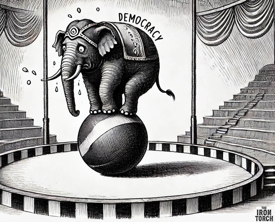 A nervous elephant labeled "Democracy" teeters on a balancing ball in an empty circus arena, representing the fragile state of democratic institutions in the war on truth.