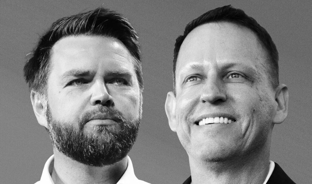 Black and white headshot images of Vice President JD Vance and Billionaire Donor, Peter Thiel, both of whom are proponents of the Dark Enlightenment or Neo-reactionary Movement.