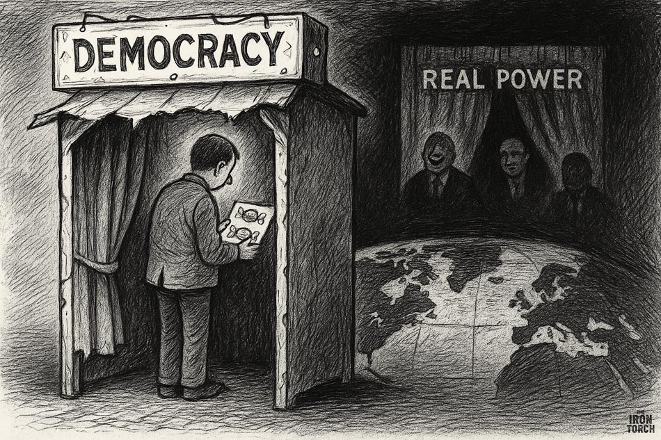 Split image showing decrepit voting booth on one side with a voter choosing a candy wrapper and “real power” depicted as a group of smirking elites in shadow on the other, illustrating Project Russia's view of democracy as performance and folly.