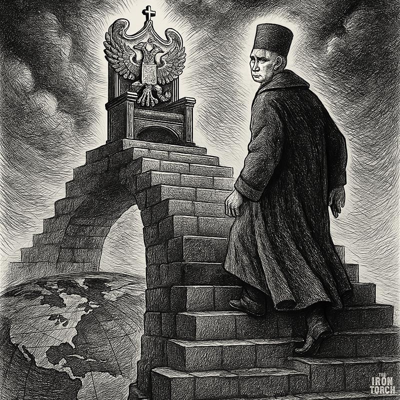 An illustration depicting Putin in royal/religious robes overlooking a world map, representing the "Prince-Monk" vision from Project Russia